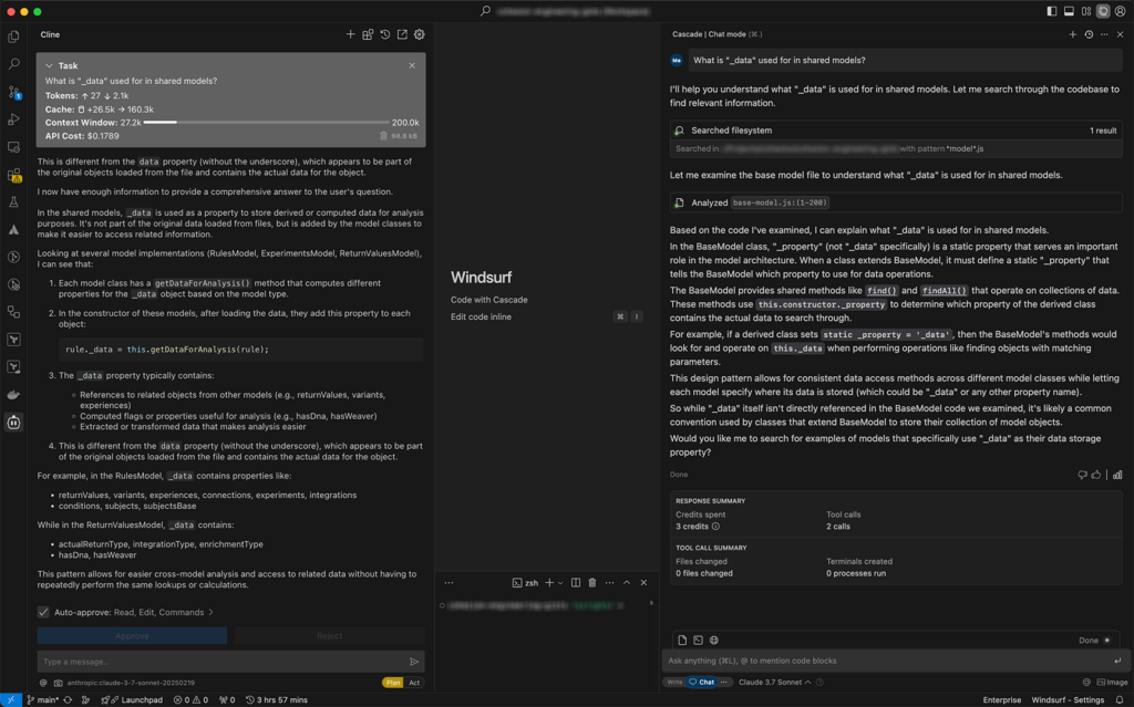 The image shows a side-by-side comparison of two AI coding assistants, Cline (left) and Cascade (right), in a dark-themed code editor. The task involves understanding the "_data" property in shared models.

In Cline, the response explains that "_data" stores computed or derived data for analysis, separate from "data," which holds original loaded data. Examples from various models highlight its role in organizing references, computed flags, and transformed data.

In Cascade, the analysis of "base-model.js" reveals that BaseModel uses a static property convention to specify where data is stored, allowing consistent access while letting derived models define their own storage.